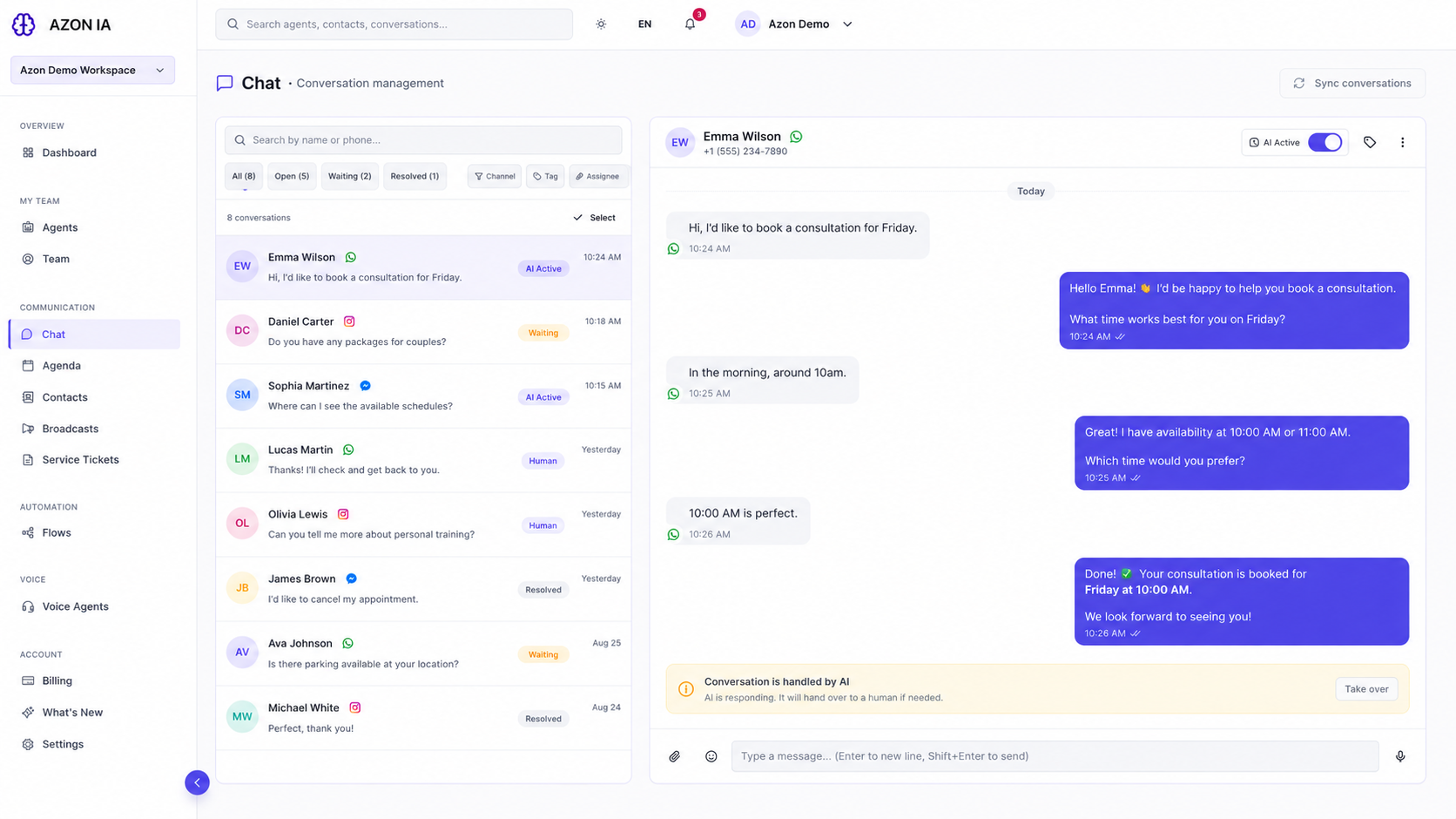 AZON workspace with customer conversations and AI and human handling